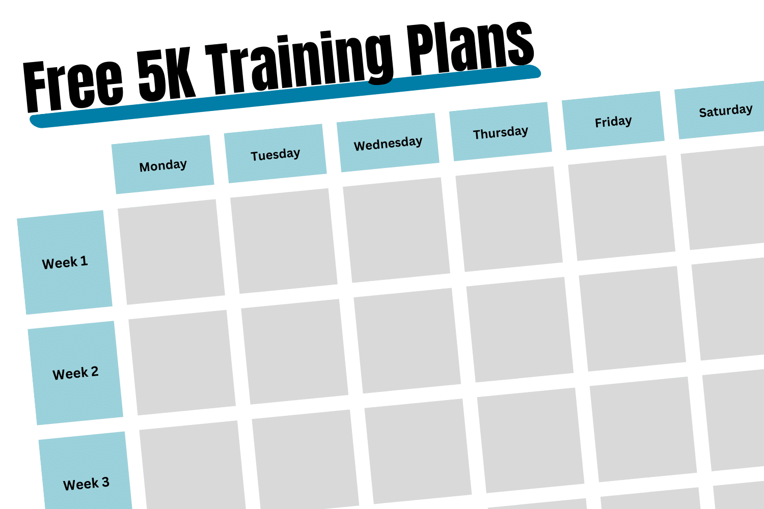 A calendar with the days of the week on the top and week numbers on the left side with the title Free 5k Training Plans