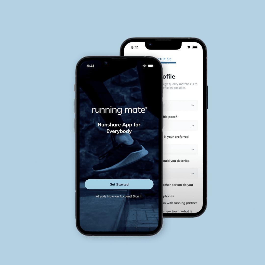 A smartphone with Running Mate's app opening screen that says "Runshare app for Everybody" with a button "Get Started"